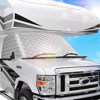 BougeRV RV Windshield Window Snow Cover Fit for Class C Ford E450 1997-2026 | Motorhome Windshield Cover for Ice and Snow Front Window Sunshade Cover RV Accessories 4 Layers with Mirror Cutouts, Silver