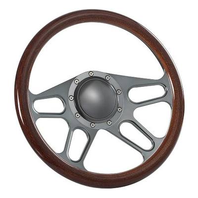 14'' Billet Steering Wheel Walnut Wood Half Wrap w/Horn button | 9 Bolt, CNC 6061 T6 Aluminum, 2'' Dish, Gun Metal Anodized, Vinyl Grip, Trickster, Compatible with Ford Mustang, Mercury