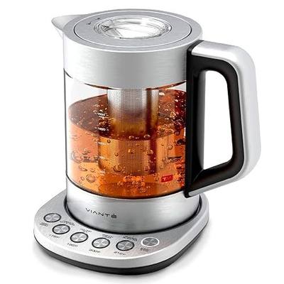 Viante Alba Electric Tea Kettle With Infuser, No Plastic, 1.5L | Borosilicate glass & 304 stainless steel construction. 4 temp presets, keep-warm, cordless, auto shut-off