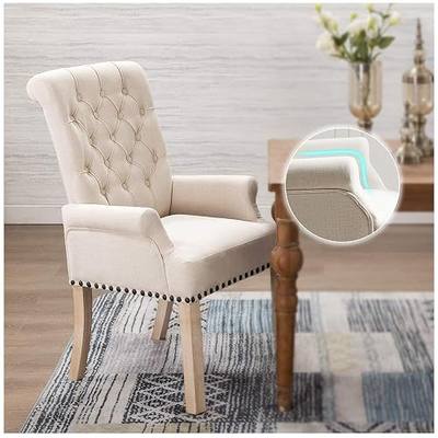adochr Dining Chairs with Arms, Upholstered Linen Dining Room Chairs with Solid Wood Legs, Accent Armchair for Kitchen Dining Living Room, Beige