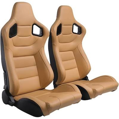 2 Pack Racing Seats, Universal PVC Leather Bucket Seats Sport Pair Adjustable Seats with Sliders (Black & Beige/Tan Brown)