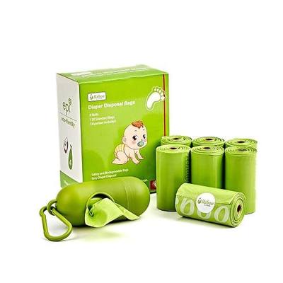 USBOO Biodegradable Disposable Diaper Bags, 8 Rolls / 120 Bags, Green | Leak-Proof Diaper Bags Disposable with Dispenser, Ideal for Home & On-the-Go, Soiled Diapers & Pet Waste, Green Unscented