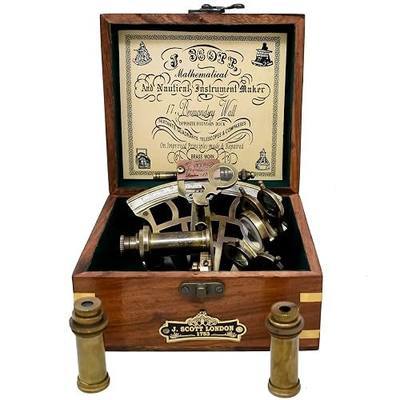 Vintage Brass Nautical Sextant German J Scott Replica with Hardwood Box Marine Instrument Celestial Telescope with Two bouble Sighting Scope