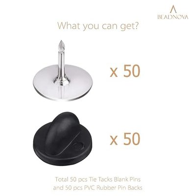 BEADNOVA 50 Pairs Pin Backings Tie Tacks Blank Pins with Rubber Backings Pinbacks for Crafts (Silver Black, 50 Sets)