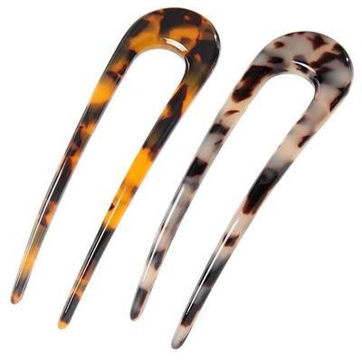 French Hair Pins Tortoise Shell U Shaped 2 Prong Hair Sticks Acetate Chignon Pin for Women Hairstyle Accessories 2 Pack