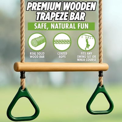 Wooden Trapeze Bar for Swing Set - 18in Adjustable Hanging Bar for Kids | Durable Wood and Rope, Easy Installation, Indoor or Outdoor Use, Jungle Gym and Ninja Warrior Obstacle Course Accessory