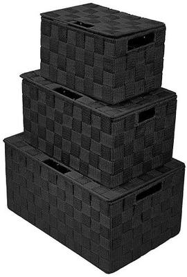 Sorbus Set of 3 Black Woven Storage Baskets with Lids – Mesh Hand-Woven Bins for Closet, Shelf, and Linen Organization – Variety Pack