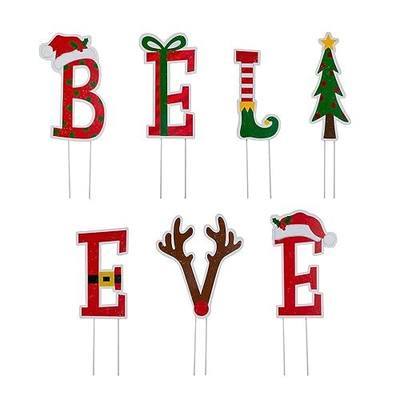 Glitzhome 7 Sets Believe Christmas Yard Stakes, 23" H Metal Garden Ornaments Wall Decor for Christmas Decorations