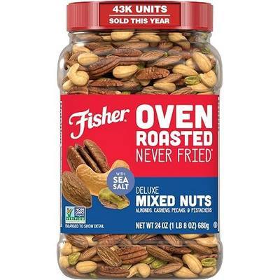 Fisher Oven Roasted Never Fried Deluxe Mixed Nuts, 24 Ounces (Pack of 1), Almonds, Cashews, Pecans, Pistachios, Healthy Snacks for Adults, Made with Sea Salt, No Added Oil, Trail Mix, Gluten Free