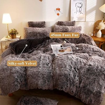 XeGe Plush Shaggy Duvet Cover, Luxury Ultra Soft Crystal Velvet Fuzzy Bedding 1PC(1 Faux Fur Duvet Cover), Fluffy Furry Comforter Cover with Zipper Closure (Queen, Chocolate Ombre)