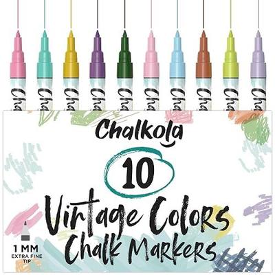 10 Extra Fine Tip Liquid Chalk Markers for Blackboard, Chalkboard, Window | Chalkola 10 Vintage Colors, 1mm - Washable Fine Dry Erase Marker Pens for Bistro, Car Glass - Erasable Chalkboard Markers