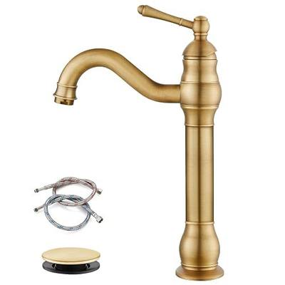 gotonovo Vessel Sink Faucet 360° Swivel Spout Single Handle Tall Bathroom Faucet 1 Hole Farmhouse Lavatory Washbasin Mixer Tap Matching Supply Hoses, with Pop Up Drain, Antique Brass