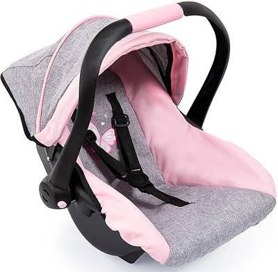 Bayer Design 67933AA Toy, Car Seat Easy Go for Neo Vario Pram with Cover, Doll Accessories, Pink, Grey with Butterfly,Grey/pink, for dolls up to 18" | Fits 18 Inch Dolls and Reborn Babies, Integrated Sunshade, Safety Belt and Ergonomic Handle for Easy Transport