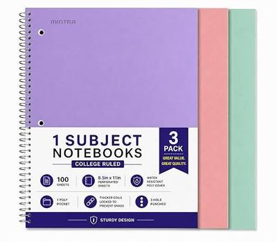 Mintra Office Durable Spiral Notebooks, 1 Subject, (Salmon, Sage Green, Lavender, College Ruled 3 Pack), 100 Sheets, Poly Pocket, Moisture Resistant Cover, Strong back, For School, Office, Business,