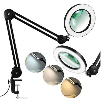 LANCOSC Magnifying Glass with Light and Stand, 5X Glass Lens, 3 Color Modes Stepless Dimmable, Adjustable Swivel Arm, LED Lighted Magnifier Desk Lamp with Clamp for Repair Crafts Reading Sewing, Black