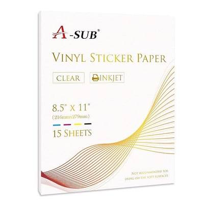 A-SUB Clear Sticker Paper for Inkjet Printers, Waterproof Glossy | 15 Sheets 8.5x11 Inch, Translucent Printable Vinyl Sticker Paper for Custom Decals