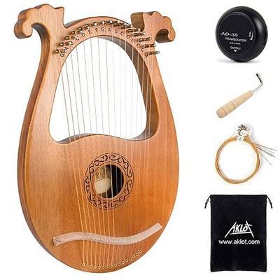 Lyre Harp, AKLOT 16 Metal Strings Mahogany Body Lyra Harp with Maple Saddle Carved Note Tuning Wrench Pickup Strings and Black Gig Bag