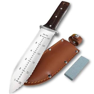 gonicc Professional Hori Hori Garden Knife with Leather Sheath, Protective Handguard, High polished 440 Stainless Steel Blade, Sharpening Stone Included, for Weeding, Digging, Pruning, and Cultivating | Protective Handguard, High polished 440 Stainless Steel Blade, Sharpening Stone Included, for Wee
