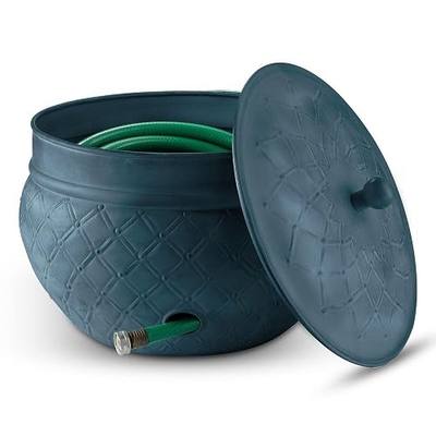 LifeSmart Garden Hose Holder Storage Pot Copper Accents with Lid | Steel Water Hose Container Outdoor or Indoor Use | Expandable Water Hose Hider | Holds 150 ft Hose
