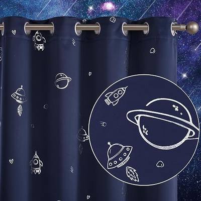 Vangao Navy Blackout Kids Curtains for Boys Space Theme 84 Inches 2 Panels | Grommet Top, Silver Foil Print Drapes for Girls Bedroom Nursery, Window Treatments Set for Toddler Room, Little Ones' Rooms