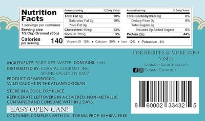 Coastal Gourmet Sardines in Water- No Salt Added 4.375 oz. (Pack of 12) (Packaging May Vary)