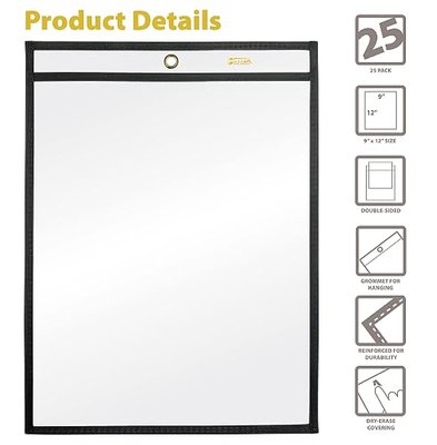 Better Office Products Shop Ticket Holders, 9 x 12 Inches, Both Sides Clear, Stitched Black Edge Trim, 25 Pack