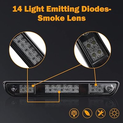 3rd Brake Light for 1992 1993 1994 1995 1996 1997 Ford F150 F250 F350 Third Brake Light LED Bronco Tail Light Cargo Light Cab Lamp Assembly-Smoke Lens | Waterproof Foam Pad, Plug and Play, Smoke Lens, Cab Cargo Lamp, Tail Light, 6 Brake 8 Reverse LEDs, Rear High Mount