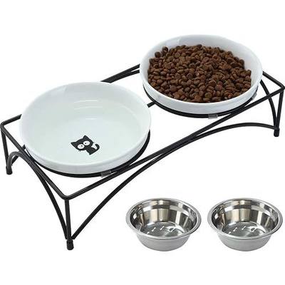 FOREYY Elevated Cat Bowls with 2 Ceramic & 2 Stainless Steel Bowls, Raised Cat Food & Water Dishes with Iron Stand, Porcelain Pet Dishes for Cats & Small Dogs, 16 Ounces, Dishwasher Safe (White)