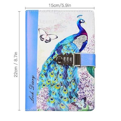 ARRLSDB A5 Creative Password Lock Journal PU Leather Combination Lock Diary Digital Password Notebook Locking Journal Diary (Peacock 2)