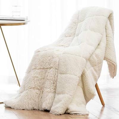 Wemore Shaggy Faux Fur Weighted Blanket for Adult 15lbs, Twin Size 48x72 | Fluffy Long Plush Fleece; Fuzzy Sherpa Reverse; Machine Washable; Glass Beads; Heavy Throw Blankets for Bed, Couch; Cream