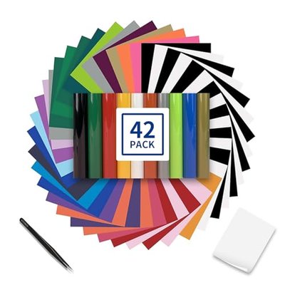 Heat Transfer Vinyl Bundle- 42 Pack 12"x10" Iron On Vinyl Sheets for Cricut/Silhouette with 13 Vibrant Colors/Premium Glossy Finish/Easy Weed & Cut