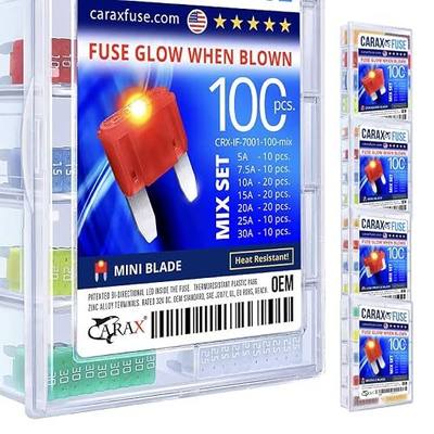 CARAX Glow Fuse – Premium Mini Blade – 100 pcs. Assortment Kit – Glow When Blown LED Automotive Fuse – Smart Auto Glow Fuse Easy Identification – Mix 100 pcs.