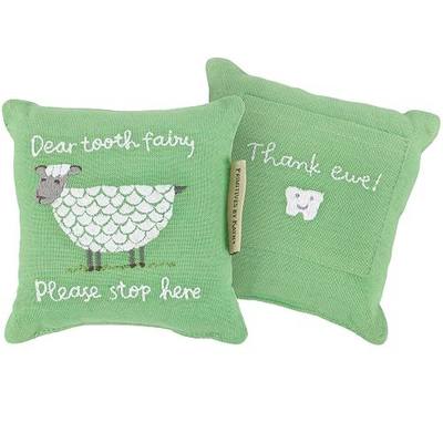 Primitives by Kathy Little Farm Tooth Fairy Pillow, 5x5-Inch Cotton-Linen Blend Mini Pillow with Back Storage Pocket, Embroidered Sheep Design - Dear Tooth Fairy - Please Stop Here