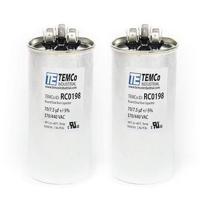 2 Pack TEMCo 70+7.5 uF Dual Run Capacitor CBB65, 70+7.5 MFD, 370-440V, Round, 50/60Hz | for HVAC AC Fan, Motor, Blower Applications