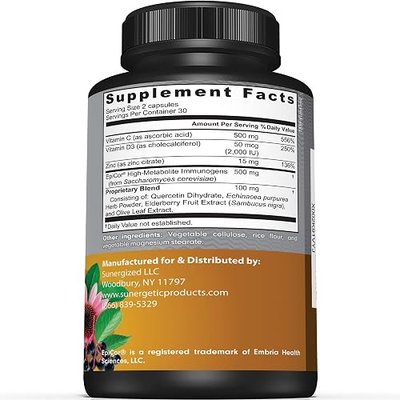 Premium Immune Support Supplement – Daily Immune Supplement for Respiratory, Sinus & Gut Health - with Epicor, D3, Vitamin C, Zinc, Elderberry, Olive Leaf Extract & Quercetin- 60 Immune Capsules