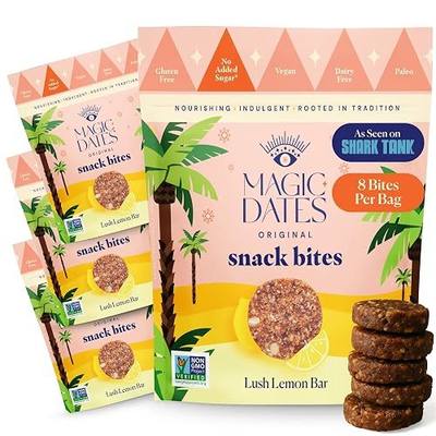 MAGICDATES Date Snack Bites | Lush Lemon Bar – 4 Bags (16 Servings) | Medjool Dates | Gluten-Free | Vegan | Paleo | No Added Sugar | Plant-Based Citrus Snack | Healthy On-the-Go Bites