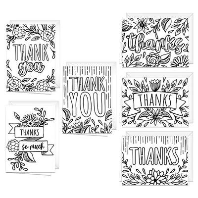 Canopy Street Thank You Coloring Note Cards / 24 Color Yourself Grateful Cards With Envelopes / 6 Floral Appreciation Designs / 3 1/2" x 4 7/8" Black White Coloring Gratitude Notes
