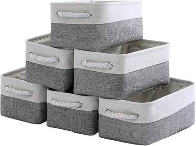 TcaFmac Small Storage Baskets for Shelf 6 Pack Canvas Storage Basket with Handles Fabric Storage Basket for Organizing Storage Bin (White and Grey, 12x8x5")