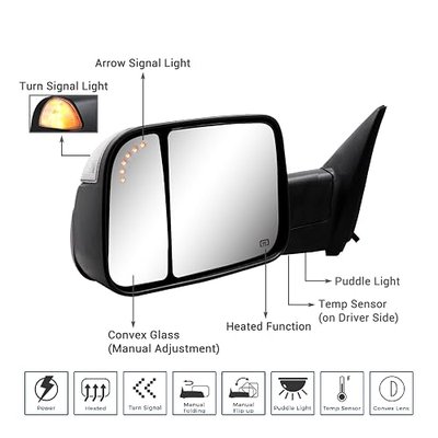 Sanooer Tow Mirrors for 2009-2018 Dodge Ram 1500 & 2500 3500 | Power heated glass, LED turn signal, puddle lamp, temp sensor. Fits 2009-2018 Ram 1500 2500 3500 Filp up side mirror