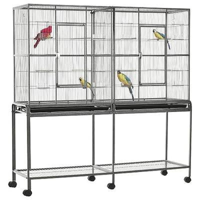 PawHut 65" Double Rolling Metal Bird Cage with Divider, Large Parrot Cage for Parakeet, Canaries, Lovebirds, Budgie, Finch, with Detachable Rolling Stand, Storage Shelf, Wood Perch & Food Container | for Parakeet, Canaries, Lovebirds, Budgie, Finch, Detachable Rolling Stand, Storage Shelf, Wood Perc