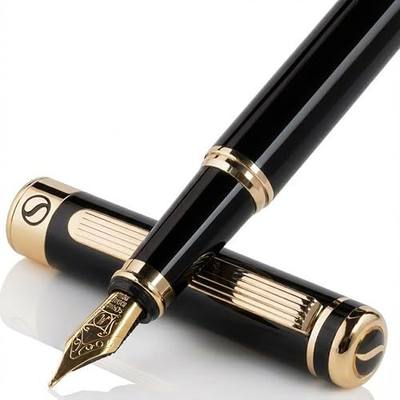 Scriveiner Luxury Fountain Pen - Stunning Black Lacquer Pen, Real Gold Finish, Schmidt Gilded Nib (Medium), Converter, Best Pen Gift Set for Men & Women, Professional, Executive, Office, Nice Pens