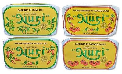 NURI Portuguese Sardines Variety Pack | 4 Pack Bundle | One of Each | Pure Olive Oil, Spiced Pure Olive Oil, Tomato and Olive Oil AND Spiced Tomato and Olive Oil
