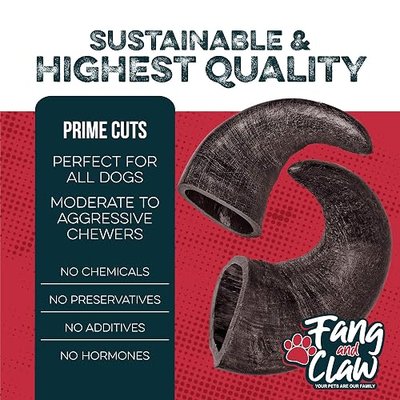 4 Pack Water Buffalo Horns for Dogs, Large 8 Inch - Natural Antler & Rawhide Bone Alternative for Aggressive Chewers, Long Lasting Single-Source Grass-Fed Dog Chew