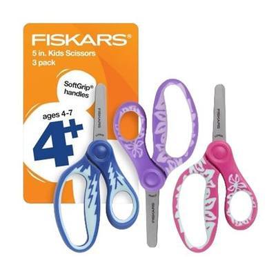 Fiskars 5" SoftGrip Blunt-Tip Scissors for Kids Ages 4-7 (3-Pack), Scissors for School or Crafting, Back to School Supplies, Blue, Purple, and Pink Designs
