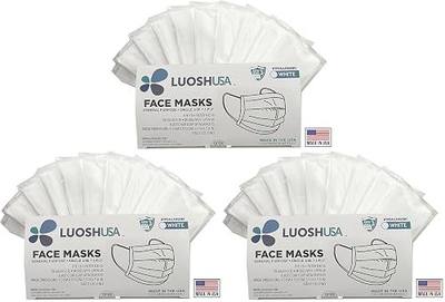 Luosh Face Masks Disposable Made in USA, 3 Ply Disposable Masks 50pcs,Adult Mask, Kids Mask, Black Masks, White Masks