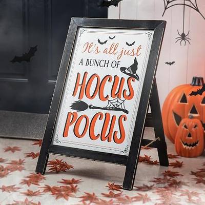 Glitzhome Halloween A-Frame Free Standing Porch Sign, Slide in Wood Hocus Pocus Sign Welcome Sign for Halloween, Rustic Hanging Sign for Wall Front Door, 24”H
