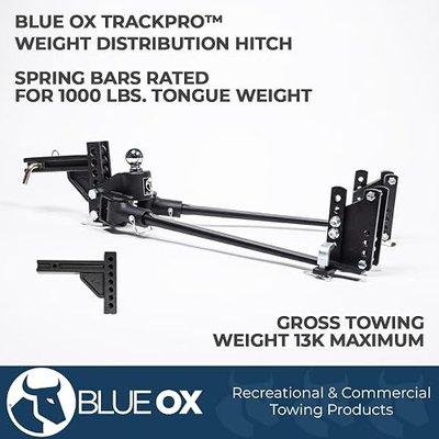 Blue Ox BXW01050 TrackPro Weight Distribution Hitch 2″ Receiver | 7 Hole Shank | 10,000 Maximum Towing Weight | Levels Out Ride to Restore Control and Stability | Pre-Installed 2-5/16" Hitch Ball | Pre-installed 2-5/16 in hitch ball, 1,000 lbs tongue rating, 7-hole shank fits 2 in receiver, L-bracke