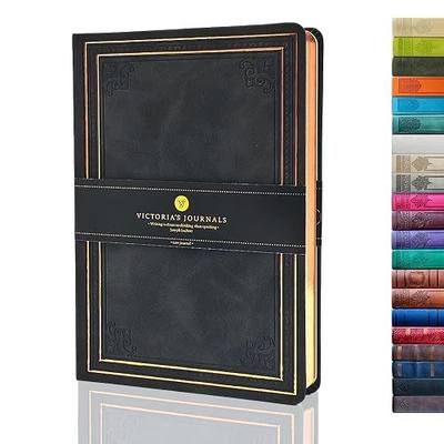 VICTORIA'S JOURNALS Leatherette Vintage Journal Hard Cover Lined Notebook Old Looking Travel Diary Black, 5.7'' x 8.1'' | Retro Embossed Cover, Fountain Pen Friendly Paper, Premium Vegan Leather Notebook, Gilded Edges, Great for Gifting