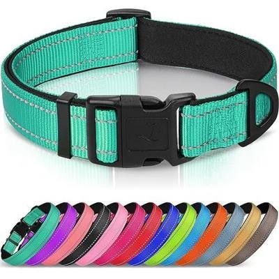 Joytale Reflective Dog Collar, Soft Neoprene Padded, Metal D-Ring, Nylon Pet Collar Adjustable for Large Dogs, Teal, L