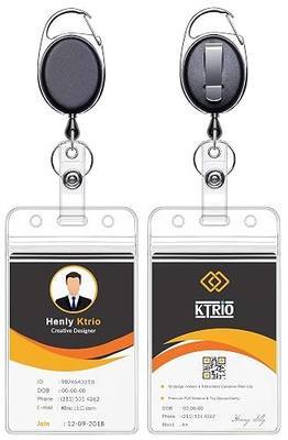 KTRIO ID Badge Holder with Retractable Reel, Vertical, 2 Pack | Fits 2.5x3.4" Cards, Clear Vertical Holder, 24" Retractable Badge Reel, Metal Clip & Key Ring, 2-Pack Set